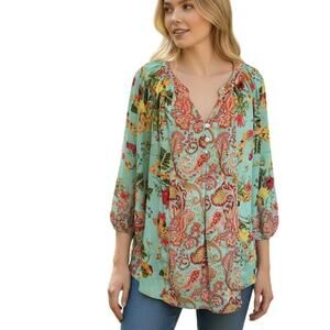 Fig and Flower Paisley Floral Popover Top Womens Large Pale Teal Multicolor